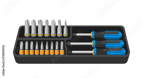 Set of screwdriver bits and screwdrivers in a tray isolated on white background