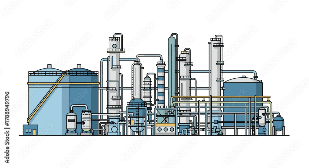 Obraz premium Industrial Chemical Plant Factory Facility with Towers and Tanks Isolated on White Background