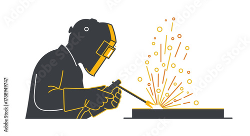 Skilled welder in protective gear creating sparks during metal fabrication process isolated on white background