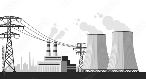 Industrial Power Plant with Cooling Towers and Transmission Lines Creating Electricity Energy