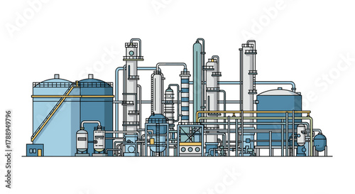 Industrial Chemical Plant Factory Facility with Towers and Tanks Isolated on White Background