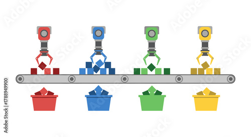 Automated Robotic Arms Sorting Colorful Cubes on Conveyor Belt Isolated on White Background