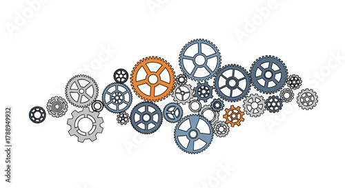 Interlocking gears and cogs creating a complex mechanical system isolated on white background