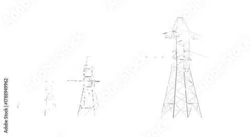 Industrial power lines stretching into the distance isolated on white background industrial infrastructure energy transmission concept