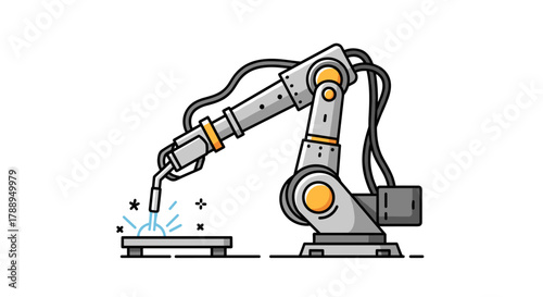 Industrial Robotic Arm Performing Automated Welding on Metal Plate Isolated on White Background