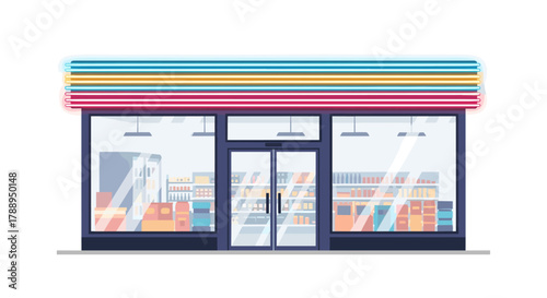 Modern Convenience Store Facade With Shelves of Products Displayed Inside Isolated on White Background