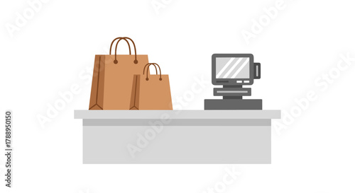 Brown Paper Shopping Bags and Cash Register on Counter Isolated on White Background
