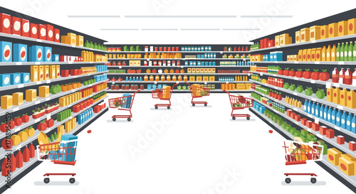 Vibrant Supermarket Aisles Stocked With Grocery Products Shopping Carts Available