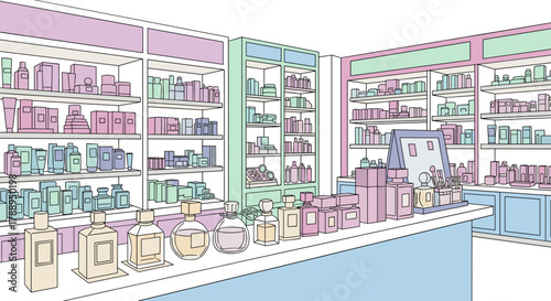 Colorful Retail Perfume Display Counter Showcasing Various Fragrance Bottles and Products on Shelves