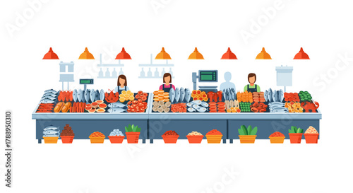 Variety of Fresh Food Products Displayed on Market Stalls with People Working Isolated on White Background