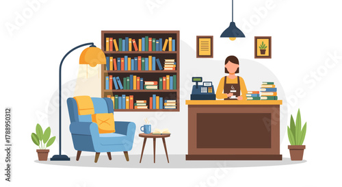 Cozy Bookstore Interior Scene With Bookshelf Armchair Cash Register and Friendly Clerk Isolated on White Background