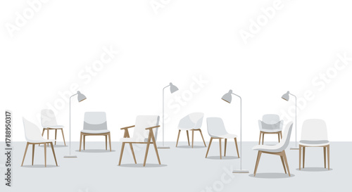 Collection of modern white chairs and floor lamps arranged on a light gray surface isolated on white background
