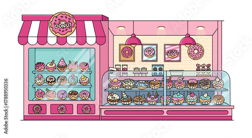 Cute cartoon donut shop with colorful pastries and sweet treats displayed in a clean vibrant storefront interior isolated on white background
