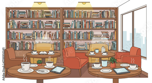 Cozy cafe scene with tables cups of coffee and bookshelves warm atmosphere and books displayed
