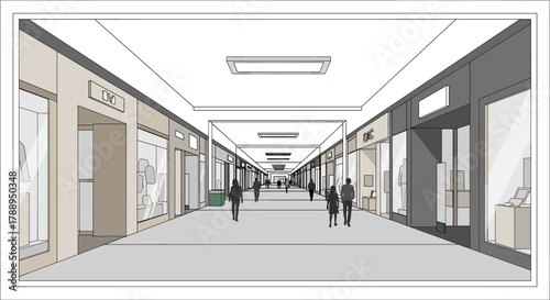 Modern Shopping Mall Interior with Shops and Shoppers on a Bright Sunny Day