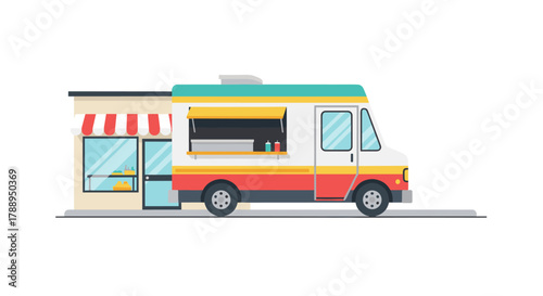 Modern Food Truck parked next to a small shop serving delicious street food