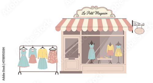 Charming French Boutique Shop Exterior With Displayed Fashionable Clothing Collection Isolated On White
