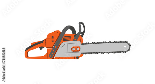 Orange chainsaw tool isolated on white background for cutting wood and construction