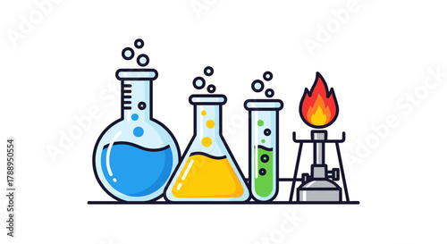 Chemistry Lab Equipment with Flasks and Bunsen Burner Illustration
