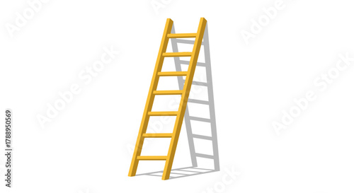 Yellow wooden ladder leaning against a wall casting a shadow isolated on white background