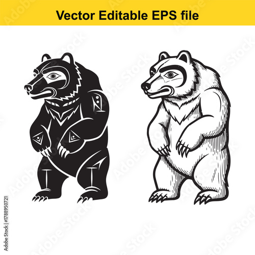 Two stylized bears, one black and one white, in a tribal or indigenous art style