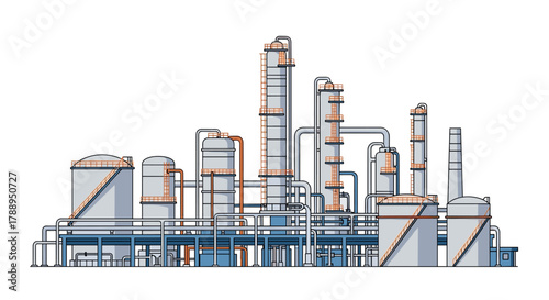 Modern industrial oil refinery plant complex with multiple towers and tanks isolated on white background