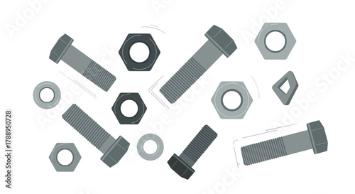 Collection of fasteners bolts nuts and washers isolated on white background for industrial and construction themes