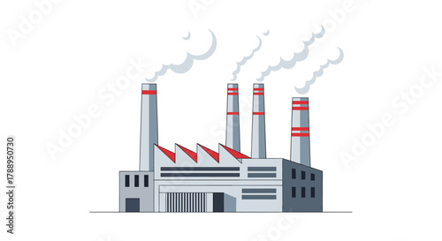 Modern industrial factory with tall chimneys emitting smoke on a clear sky background isolated on white