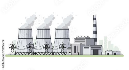 Industrial Power Plant with Cooling Towers and Smoke Stacks Generating Energy Clean Style Illustration