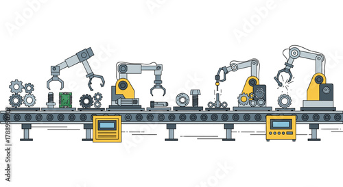Automated Industrial Robotic Arms Working on a Conveyor Belt Production Line Manufacturing Concept