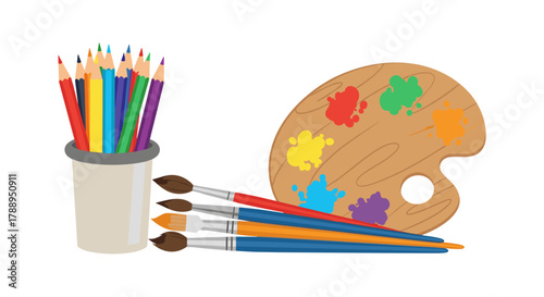 Art Supplies Colorful Pencils Brushes Paint Palette Isolated On White Background For Creativity And Education