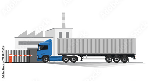 Blue Truck With Container Trailer Arriving At Warehouse Entrance With Barrier Gate Isolated On White Background
