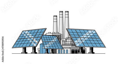 Industrial power plant with large solar panels generating clean renewable energy for electricity production