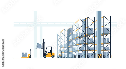 Forklift truck operating in a modern warehouse with tall shelving units and stacked cargo