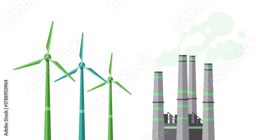 Renewable Energy Versus Fossil Fuel Industry Contrasting Clean Wind Turbines with Polluting Factory Smoke