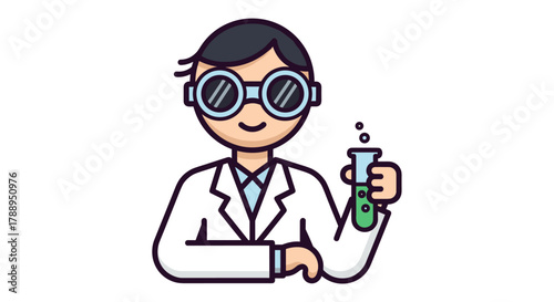 Cartoon scientist holding a green liquid test tube wearing a lab coat and goggles isolated on white background