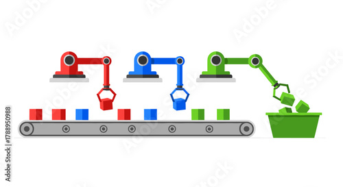 Automated robotic arms sorting colored cubes on conveyor belt isolated on white background
