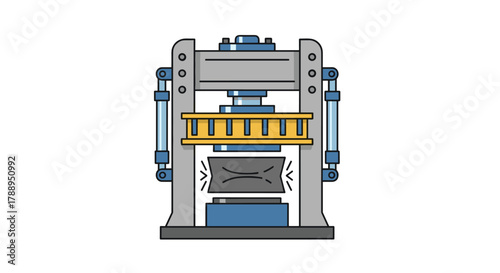 Industrial hydraulic press machine pressing metal sheet on white background