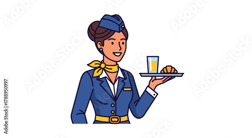 Friendly Flight Attendant Serving Drinks and Pastry Isolated on White Background