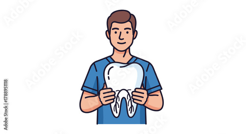 Cartoon Dentist Holding Big Tooth Isolated on White Background Professional Healthcare Concept