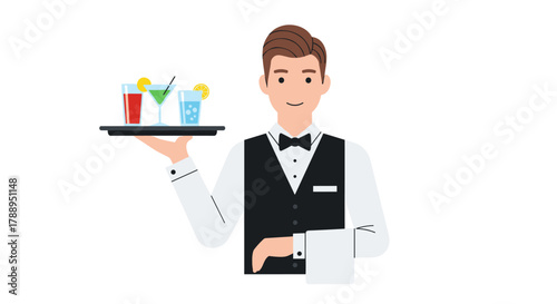 Friendly Male Waiter Holding a Tray of Colorful Cocktails Isolated on White Background