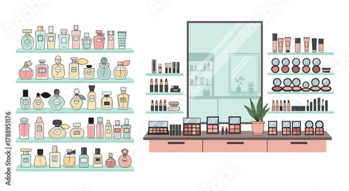 Collection of Perfume Bottles and Makeup Products on Shelves Isolated on White Background