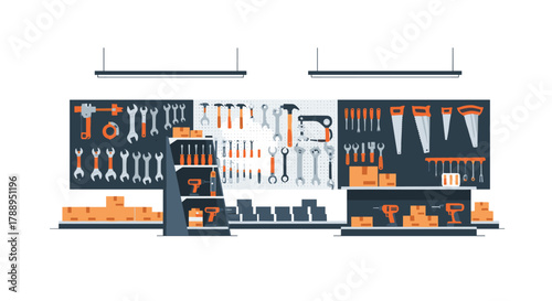 Workshop tools organized on wall with boxes and shelves for home repair and DIY projects