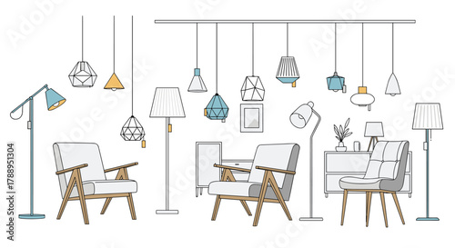 Set of modern hanging and floor lamps with stylish armchairs in a minimalist interior design cartoon illustration