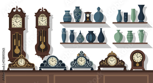 Antique grandfather clocks and decorative mantelpiece timepieces displayed with vintage vases on shelves