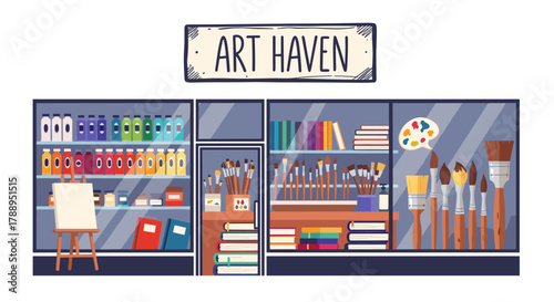 Art Supplies Storefront Displaying Brushes Paints and Canvas Isolated on White Background