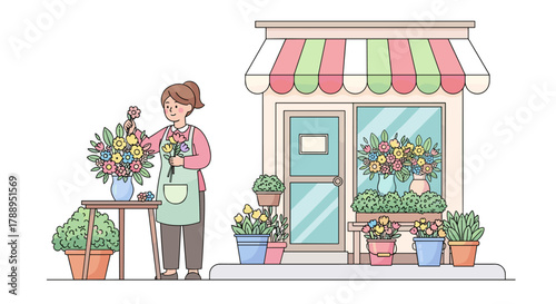 Happy florist creating beautiful flower arrangements outside her charming shop isolated on white background cartoon illustration