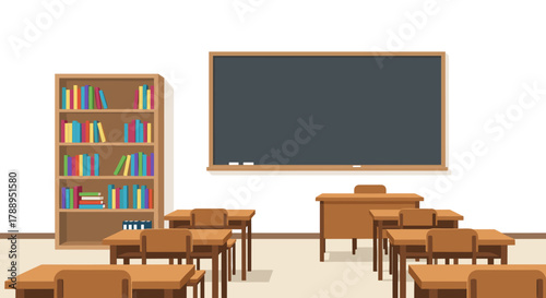 Empty Classroom With Desks Bookshelf And Blackboard Ready For Learning