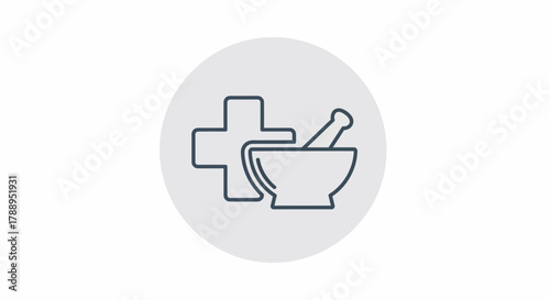 Pharmacy Icon - Mortar and Pestle with Medical Cross Symbol.