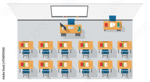 Top View Modern Classroom Setup With Desks Chairs Whiteboard And Teacher Station